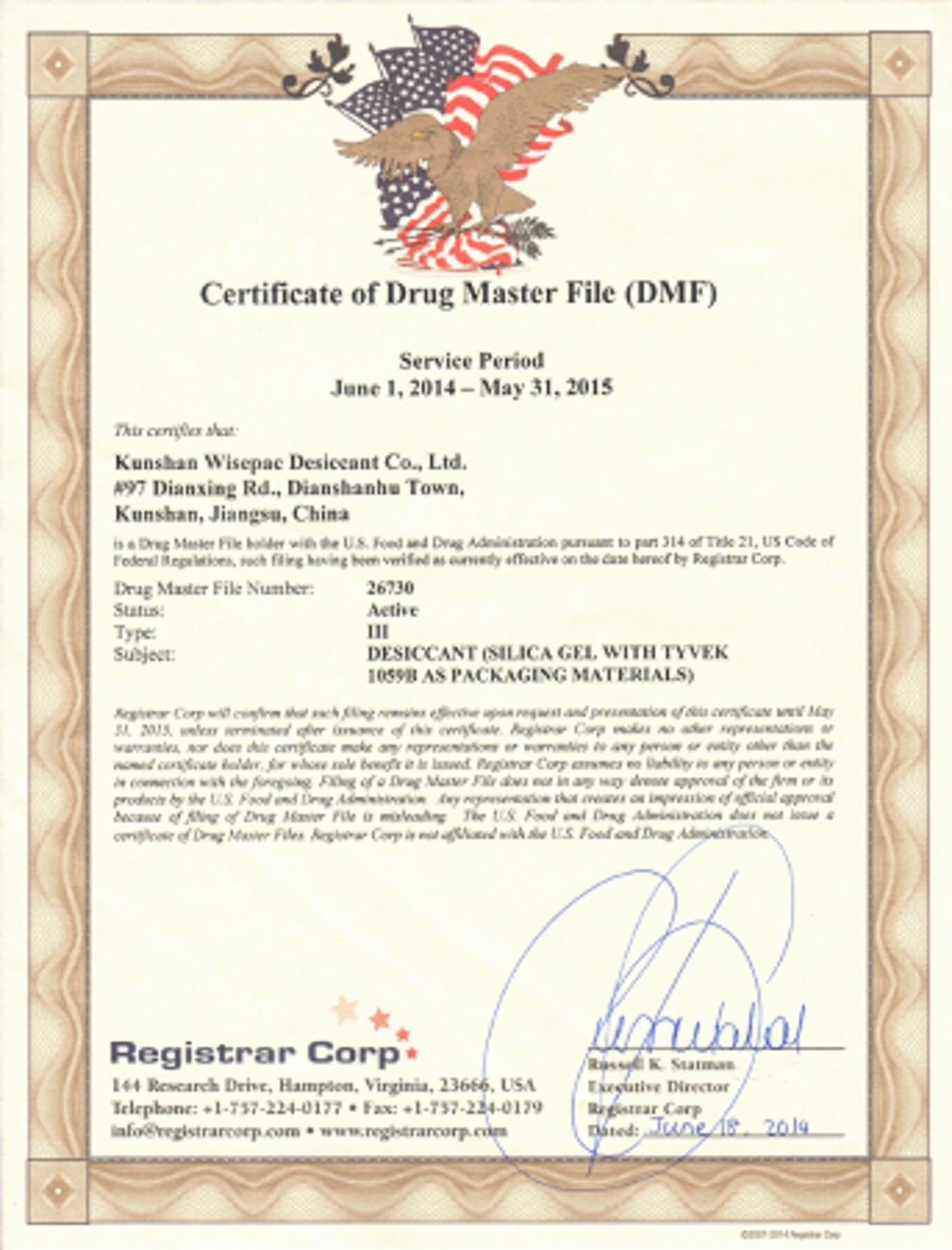 DIN CERTCO certificate for ABSORPOWER silica gel